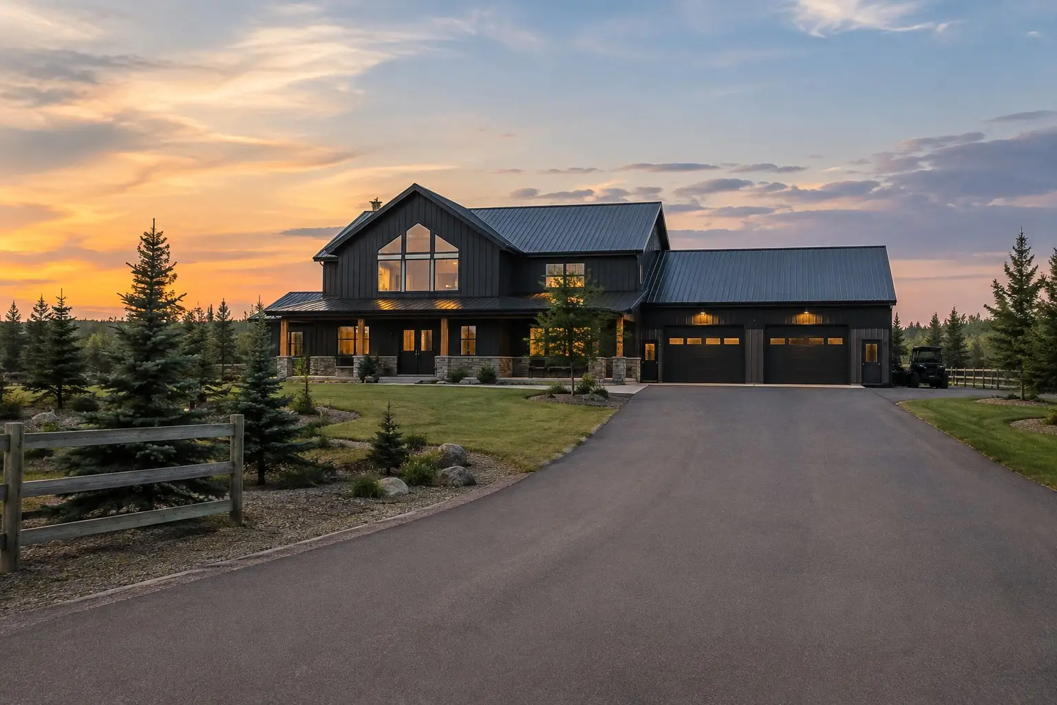 Rendering of a dark board-and-batten barndominium at dusk, with a covered porch, stone skirting, a double-height gable window and an attached two-bay shop