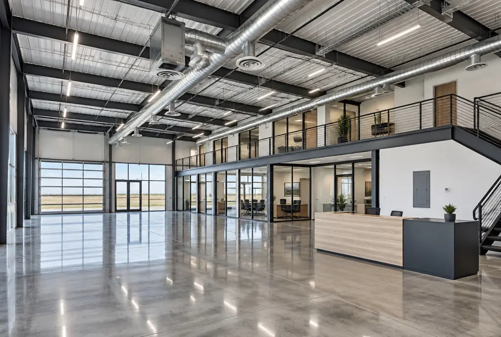 Rendering of a finished commercial steel building interior, with exposed spiral ductwork and LED lighting under the steel roof, glass-walled offices below a mezzanine, a reception desk and a polished concrete floor