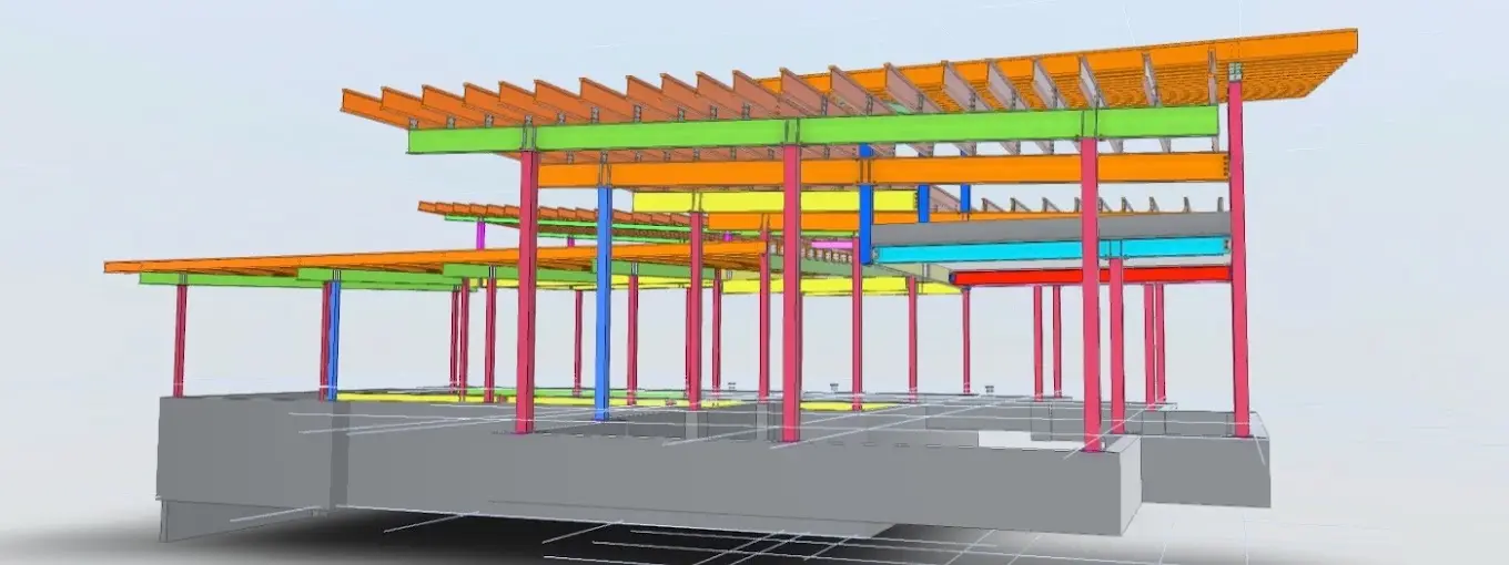 Colour-coded 3D structural model of a building, showing columns, beams, joists and foundation