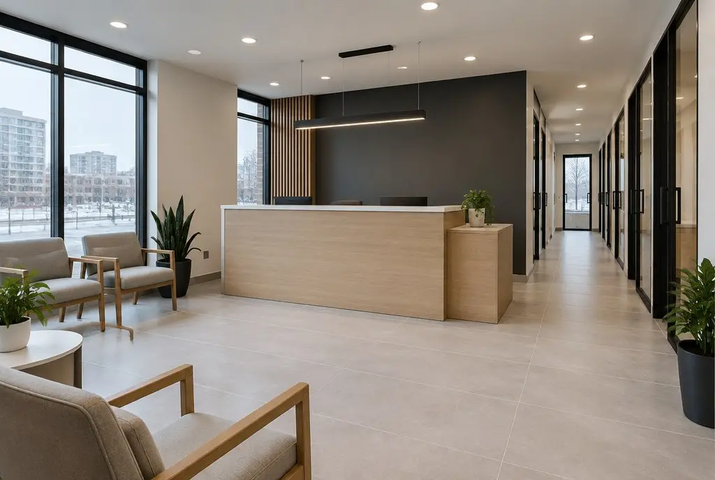 Rendering of a finished medical clinic reception with a white oak desk, charcoal feature wall, glass-fronted exam rooms and waiting chairs by large windows