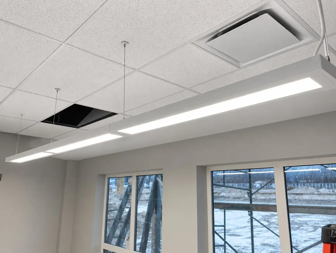 Suspended linear LED light fixture under an acoustic ceiling grid with a supply air diffuser