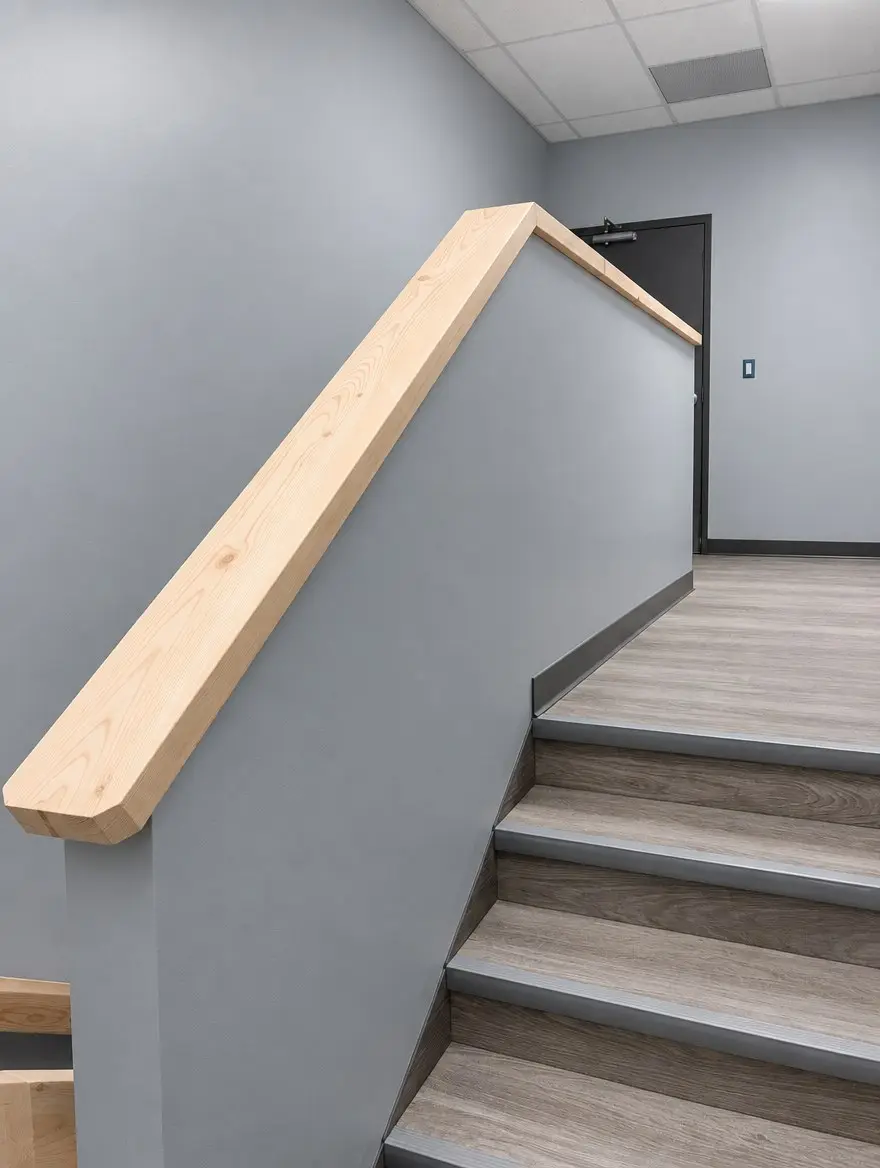 Stairwell with a painted knee wall, timber handrail cap and vinyl plank stair treads